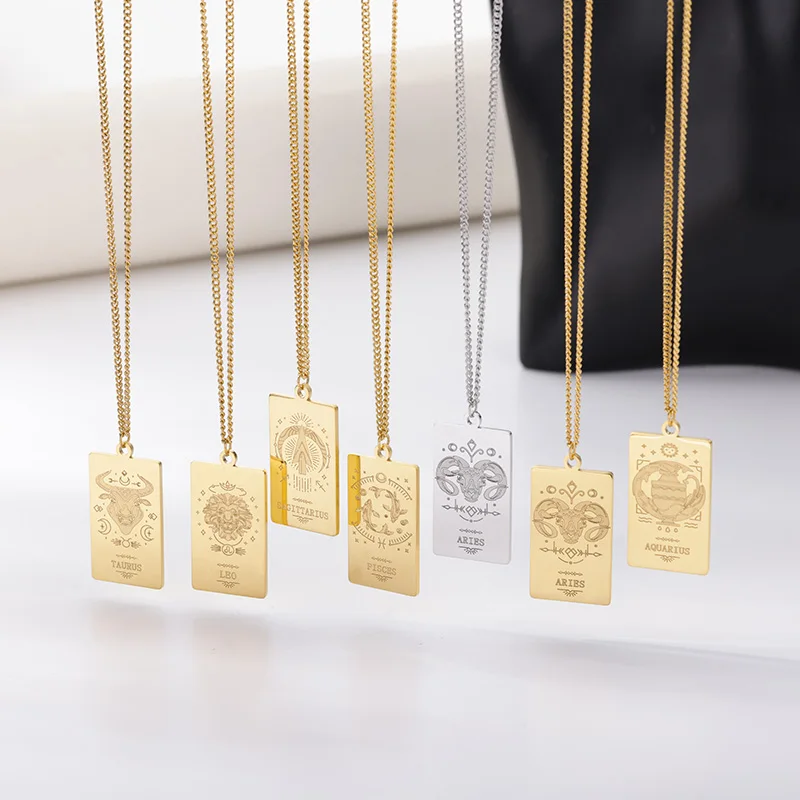 Stainless Steel Zodiac Sign Necklace For Women Constellation Libra Symbol Square Pendant Chain Choker Necklace 2022 Jewelry Gift
