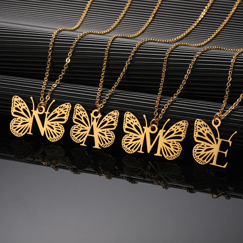 Initial Letter with Butterfly Necklace For Women Butterfly Jewelry Stainless Steel Alphabet Pendant Choker Necklace Female Gift