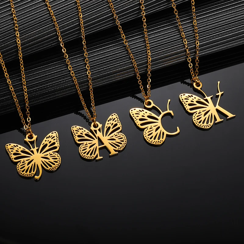 Initial Letter with Butterfly Necklace For Women Butterfly Jewelry Stainless Steel Alphabet Pendant Choker Necklace Female Gift