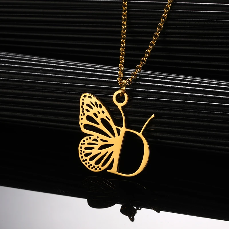 Initial Letter with Butterfly Necklace For Women Butterfly Jewelry Stainless Steel Alphabet Pendant Choker Necklace Female Gift