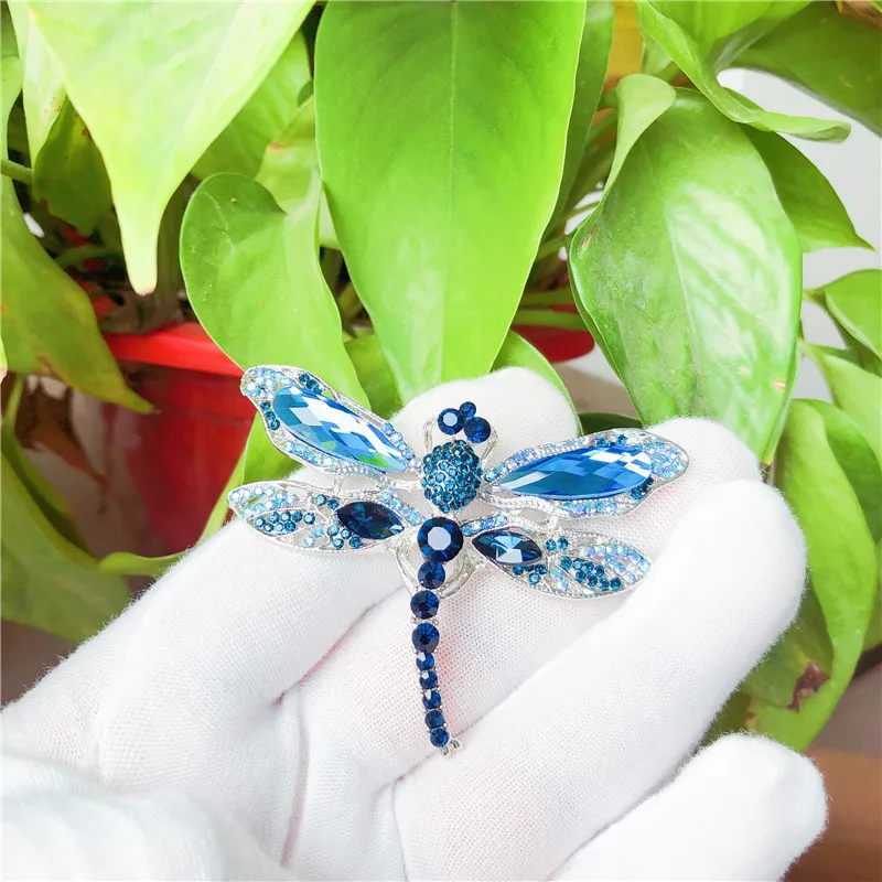 Blue Crystal Vintage Dragonfly Brooches for Women Insect Brooch Pins Dress Coat Accessories Rhinestone Badge Animal Jewelry