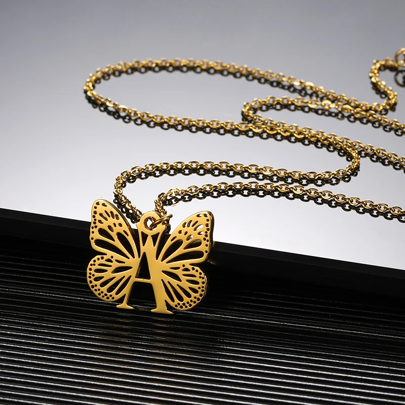Initial Letter with Butterfly Necklace For Women Butterfly Jewelry Stainless Steel Alphabet Pendant Choker Necklace Female Gift