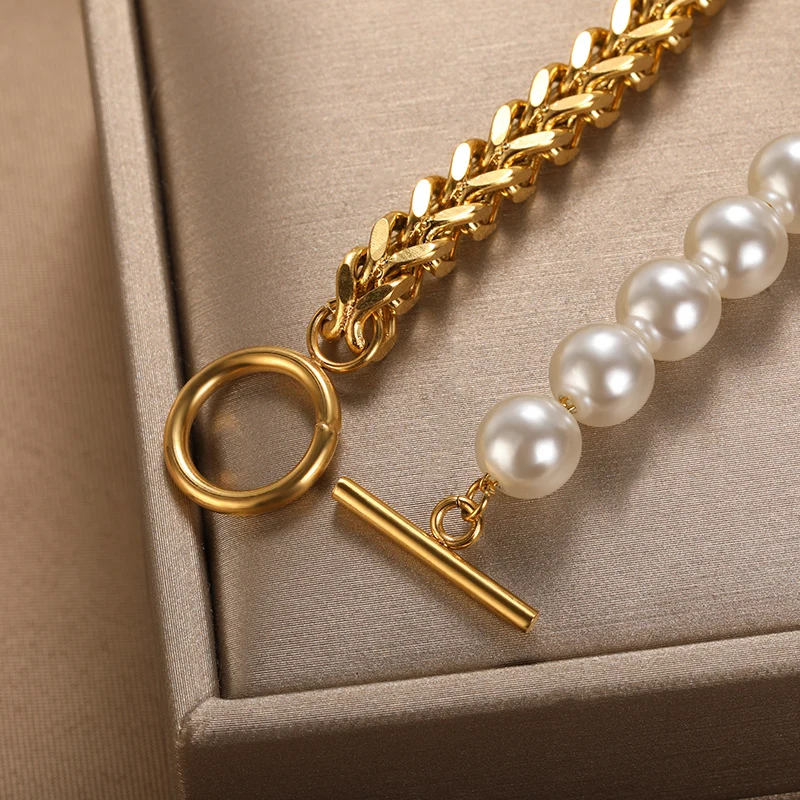 2022 Fashion Pearl Thick Chain Bracelet For Women Stainless Steel Chunky Bracelets Retro Gothic Statement Jewelry Party Gifts