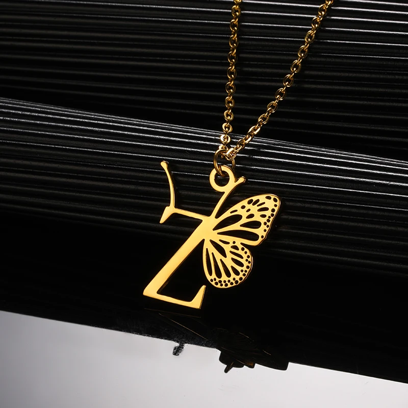 Initial Letter with Butterfly Necklace For Women Butterfly Jewelry Stainless Steel Alphabet Pendant Choker Necklace Female Gift
