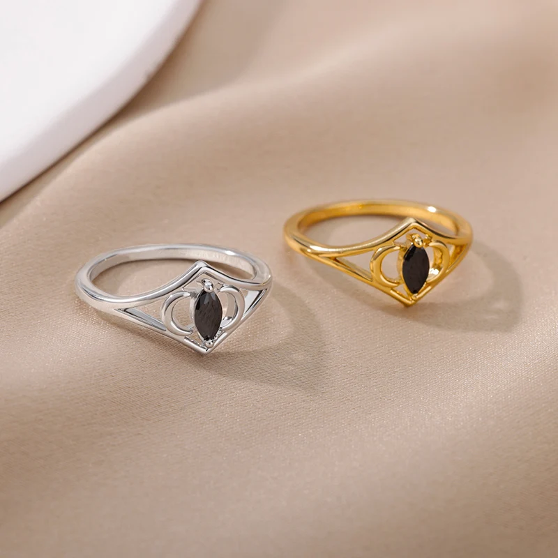 Stainelss Steel Moon Star Black Oval Stone Rings For Women Gold Wedding Couple Rings Boho Aesthetic Jewelry Memorial Gift 2022