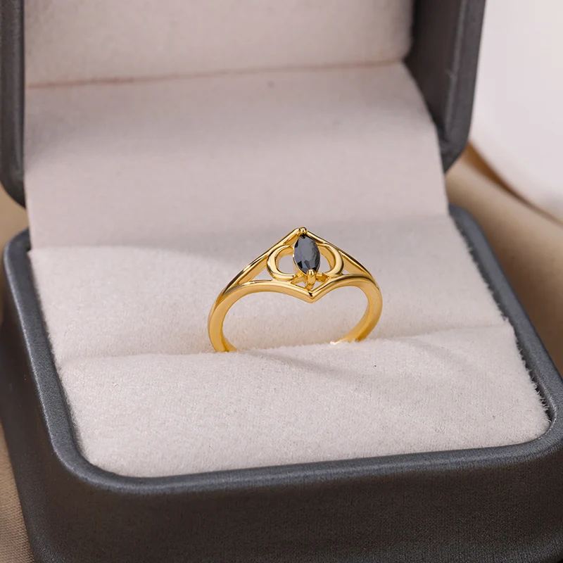 Stainelss Steel Moon Star Black Oval Stone Rings For Women Gold Wedding Couple Rings Boho Aesthetic Jewelry Memorial Gift 2022