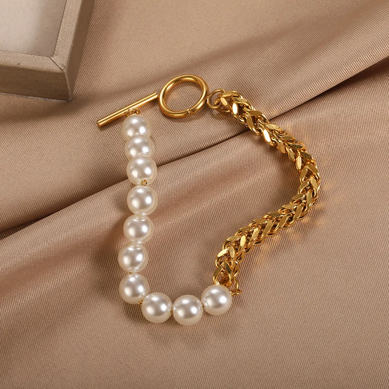 2022 Fashion Pearl Thick Chain Bracelet For Women Stainless Steel Chunky Bracelets Retro Gothic Statement Jewelry Party Gifts