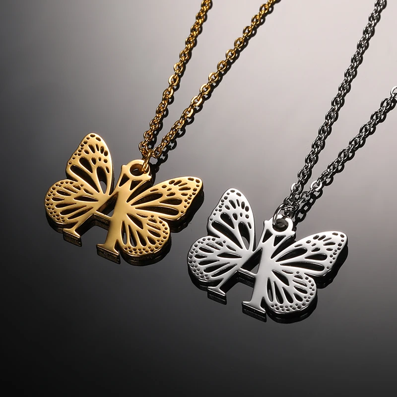 Initial Letter with Butterfly Necklace For Women Butterfly Jewelry Stainless Steel Alphabet Pendant Choker Necklace Female Gift
