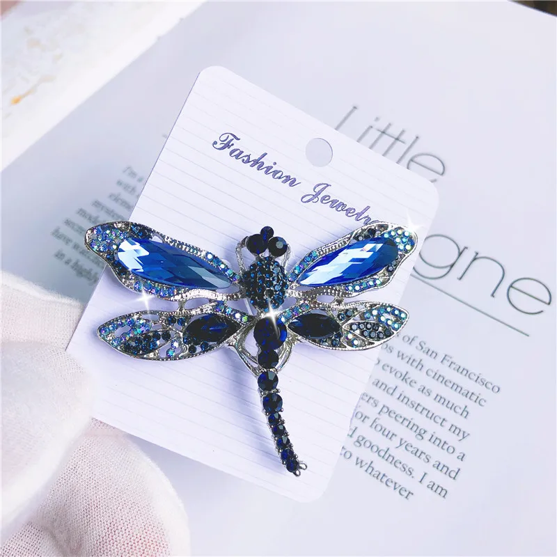 Blue Crystal Vintage Dragonfly Brooches for Women Insect Brooch Pins Dress Coat Accessories Rhinestone Badge Animal Jewelry