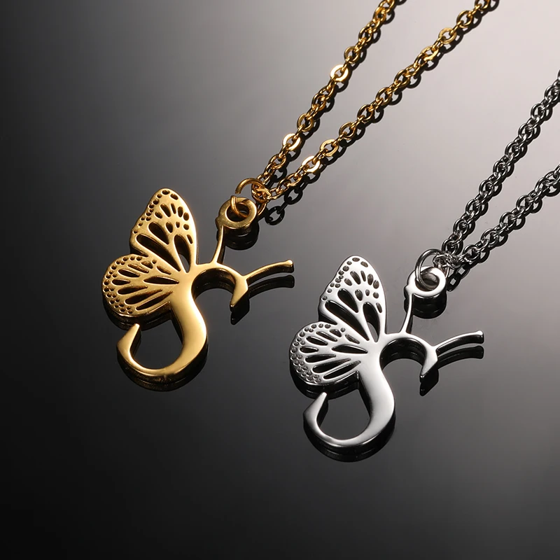 Initial Letter with Butterfly Necklace For Women Butterfly Jewelry Stainless Steel Alphabet Pendant Choker Necklace Female Gift