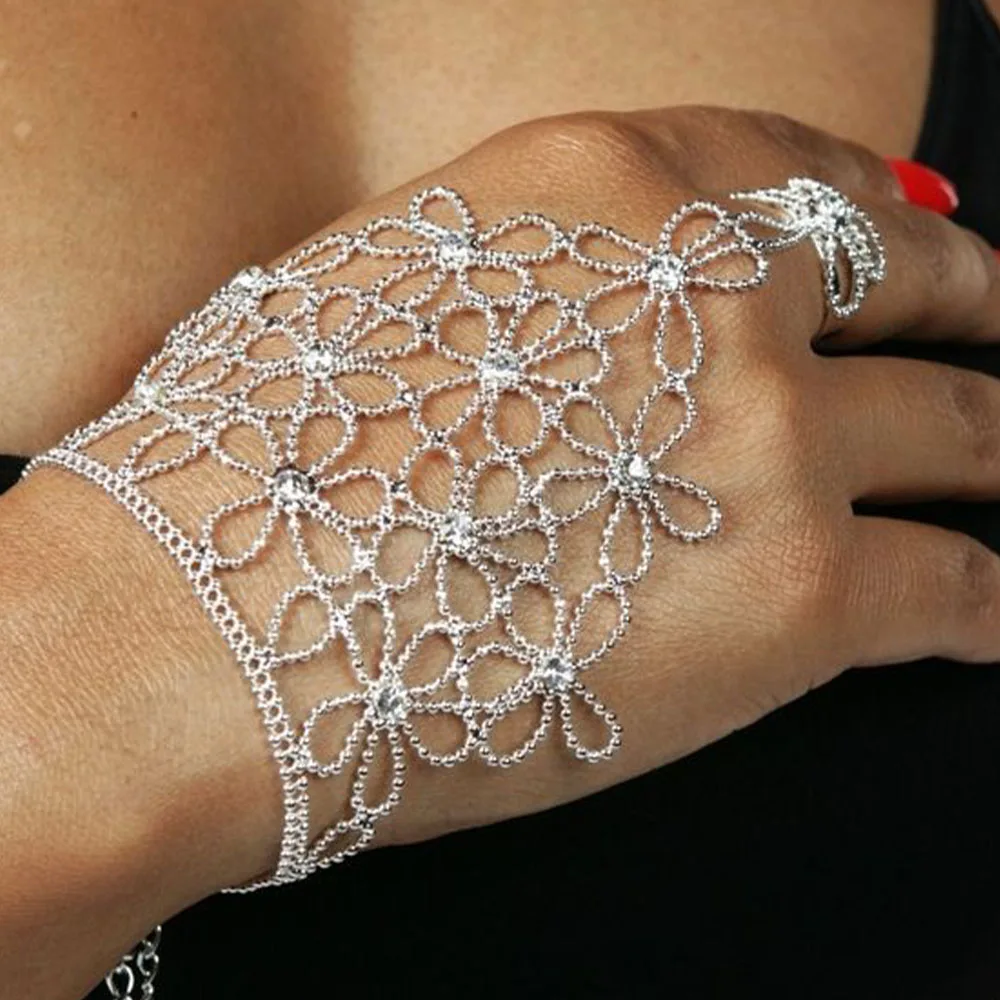 Stonefans Luxury Flower Crystal Finger Chain Bracelets for Women Rhinestone Slave Chain Bangles Wedding Party Bride Hand Jewelry