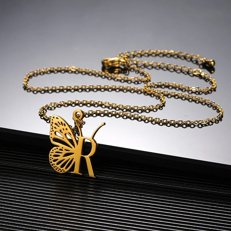 Initial Letter with Butterfly Necklace For Women Butterfly Jewelry Stainless Steel Alphabet Pendant Choker Necklace Female Gift