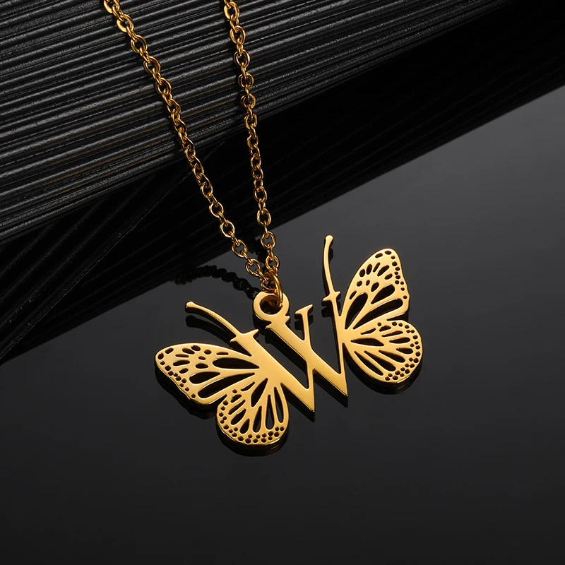 Initial Letter with Butterfly Necklace For Women Butterfly Jewelry Stainless Steel Alphabet Pendant Choker Necklace Female Gift