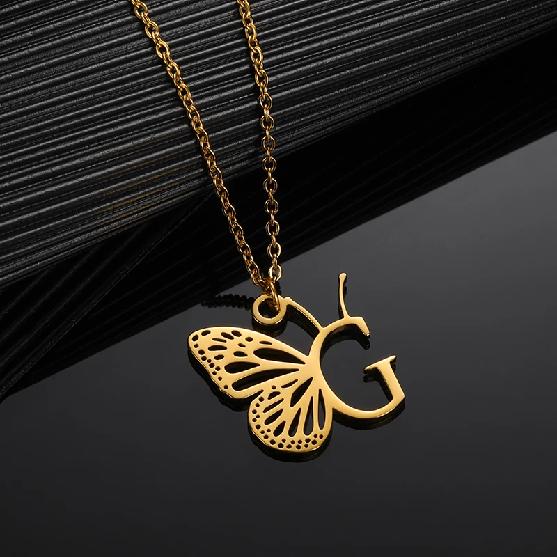 Initial Letter with Butterfly Necklace For Women Butterfly Jewelry Stainless Steel Alphabet Pendant Choker Necklace Female Gift