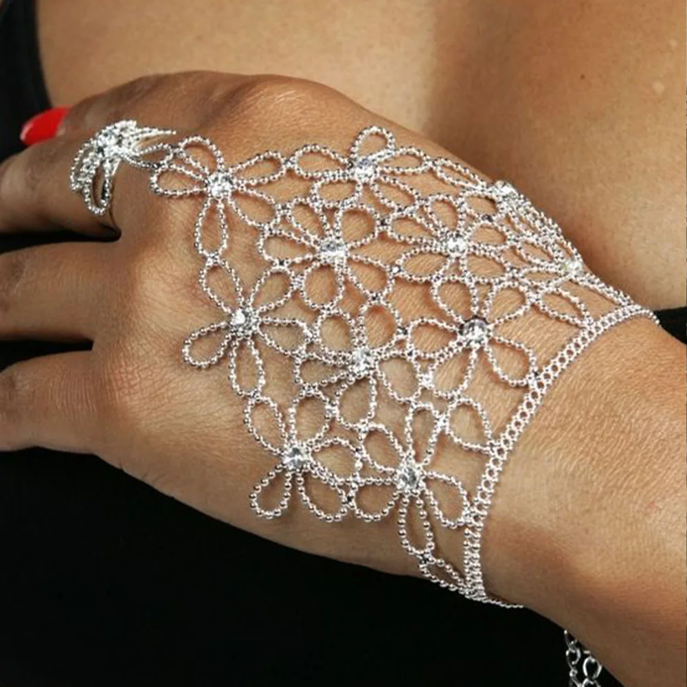 Stonefans Luxury Flower Crystal Finger Chain Bracelets for Women Rhinestone Slave Chain Bangles Wedding Party Bride Hand Jewelry