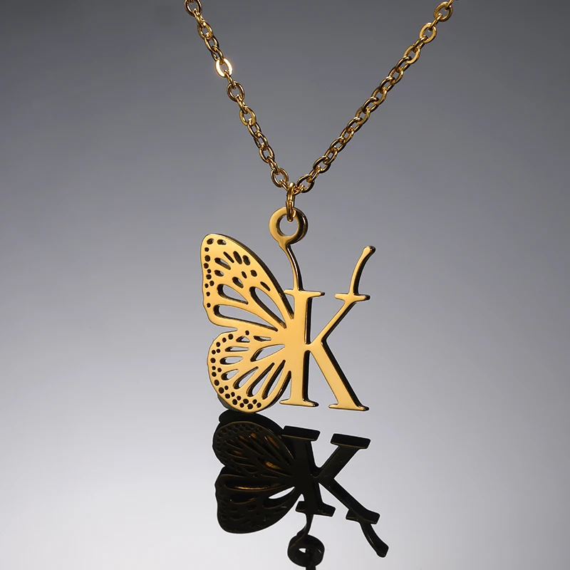 Initial Letter with Butterfly Necklace For Women Butterfly Jewelry Stainless Steel Alphabet Pendant Choker Necklace Female Gift