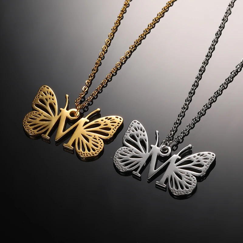 Initial Letter with Butterfly Necklace For Women Butterfly Jewelry Stainless Steel Alphabet Pendant Choker Necklace Female Gift