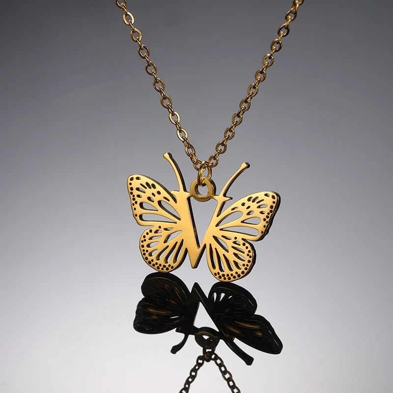 Initial Letter with Butterfly Necklace For Women Butterfly Jewelry Stainless Steel Alphabet Pendant Choker Necklace Female Gift