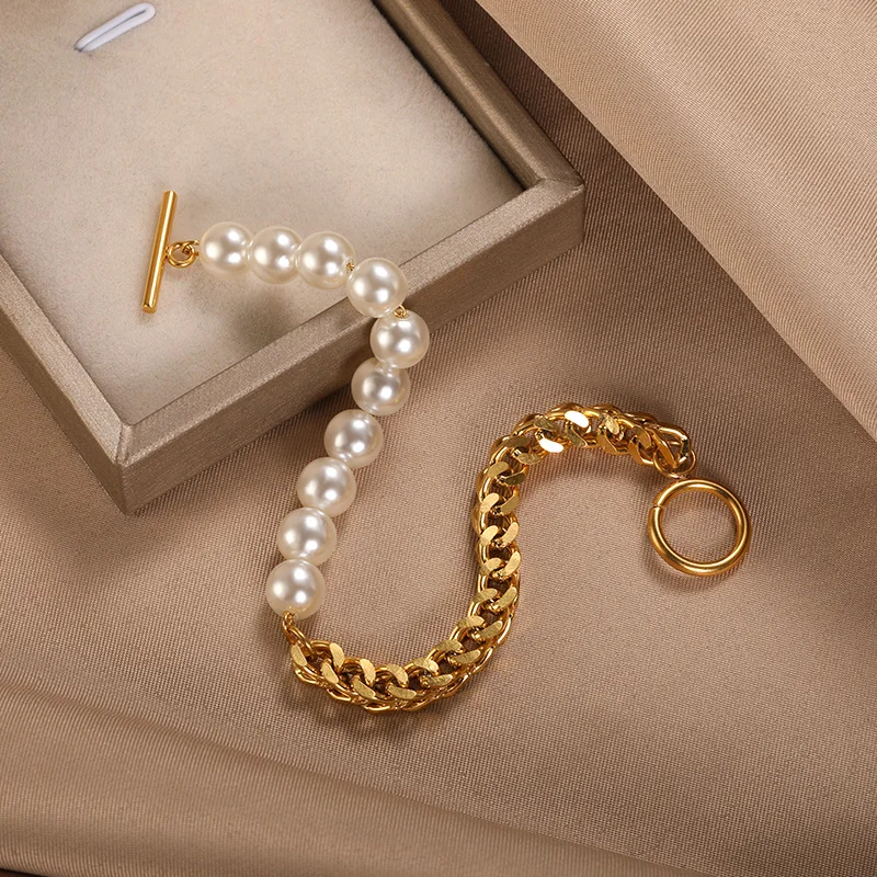 2022 Fashion Pearl Thick Chain Bracelet For Women Stainless Steel Chunky Bracelets Retro Gothic Statement Jewelry Party Gifts