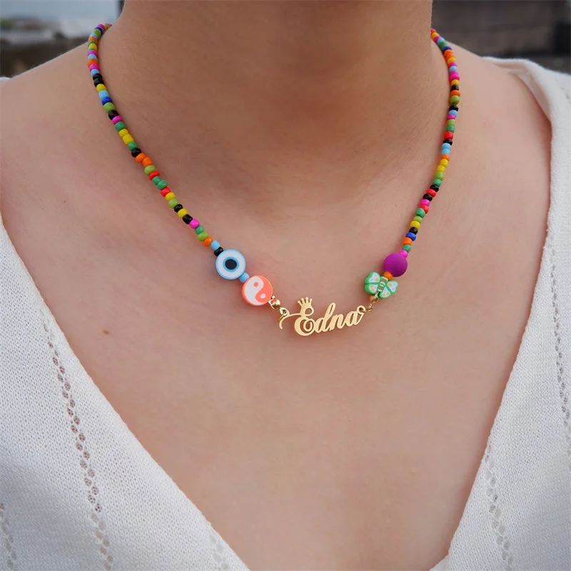 Custom Devil's Eye Butterfly Beaded Name Necklaces for Women Stainless Steel Customized Letters Crown Pendant Mom Jewelry Gift