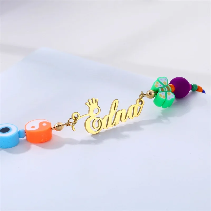 Custom Devil's Eye Butterfly Beaded Name Necklaces for Women Stainless Steel Customized Letters Crown Pendant Mom Jewelry Gift