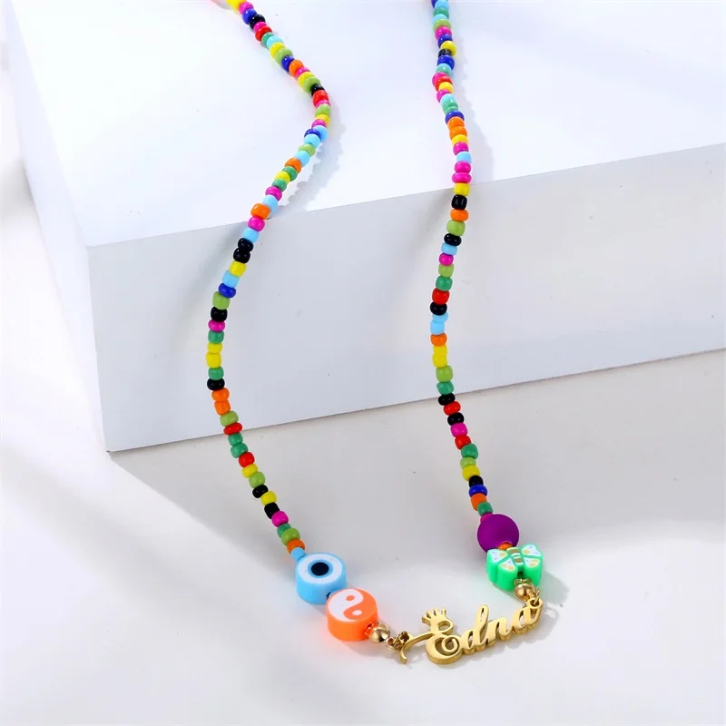 Custom Devil's Eye Butterfly Beaded Name Necklaces for Women Stainless Steel Customized Letters Crown Pendant Mom Jewelry Gift