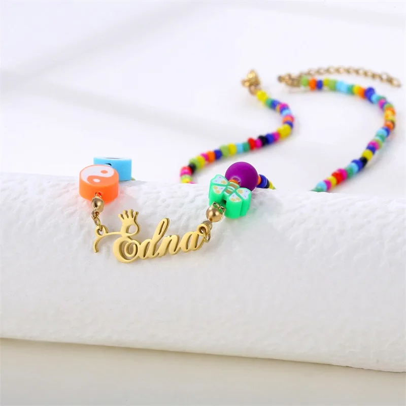 Custom Devil's Eye Butterfly Beaded Name Necklaces for Women Stainless Steel Customized Letters Crown Pendant Mom Jewelry Gift
