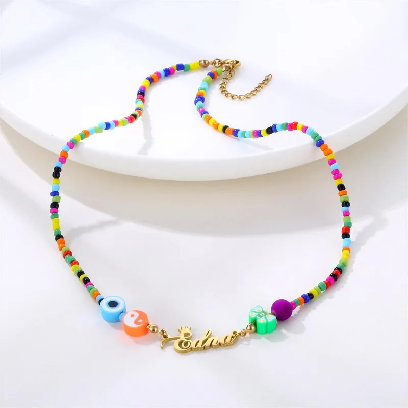 Custom Devil's Eye Butterfly Beaded Name Necklaces for Women Stainless Steel Customized Letters Crown Pendant Mom Jewelry Gift